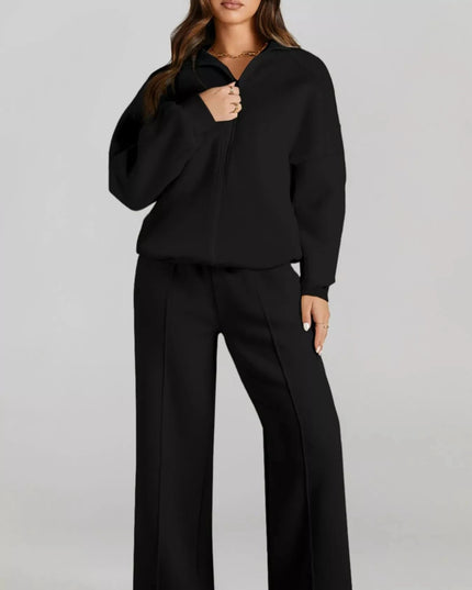 Drop Shoulder Zip Up Jacket and Drawstring Pants Active 2pcs Set - Trendsi