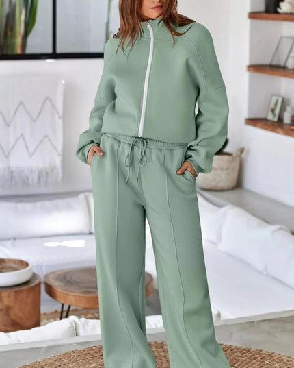 Drop Shoulder Zip Up Jacket and Drawstring Pants Active 2pcs Set - Trendsi