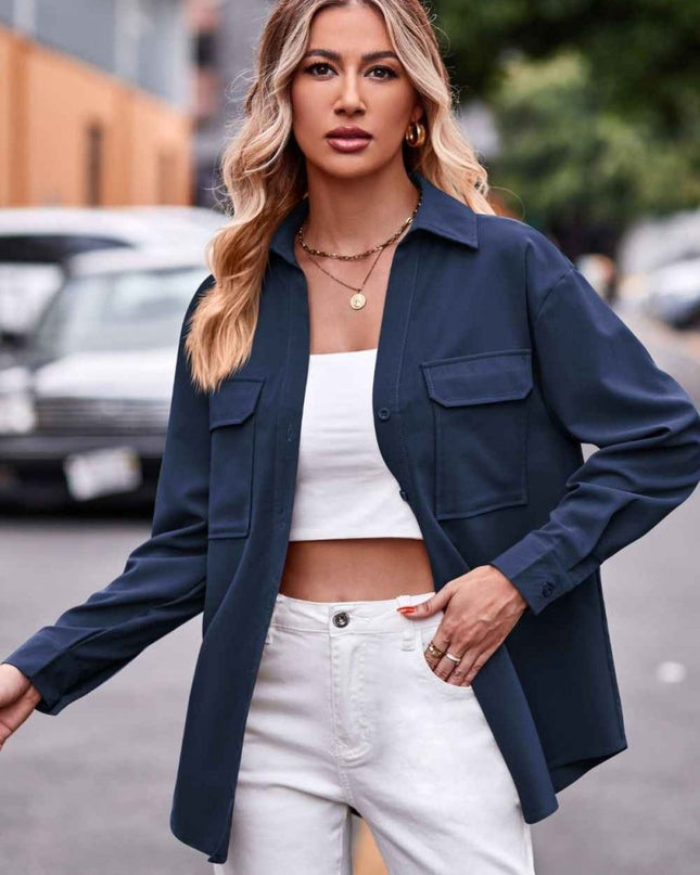 Dropped Shoulder Longline Shirt with Pockets for Effortless Style - Trendsi