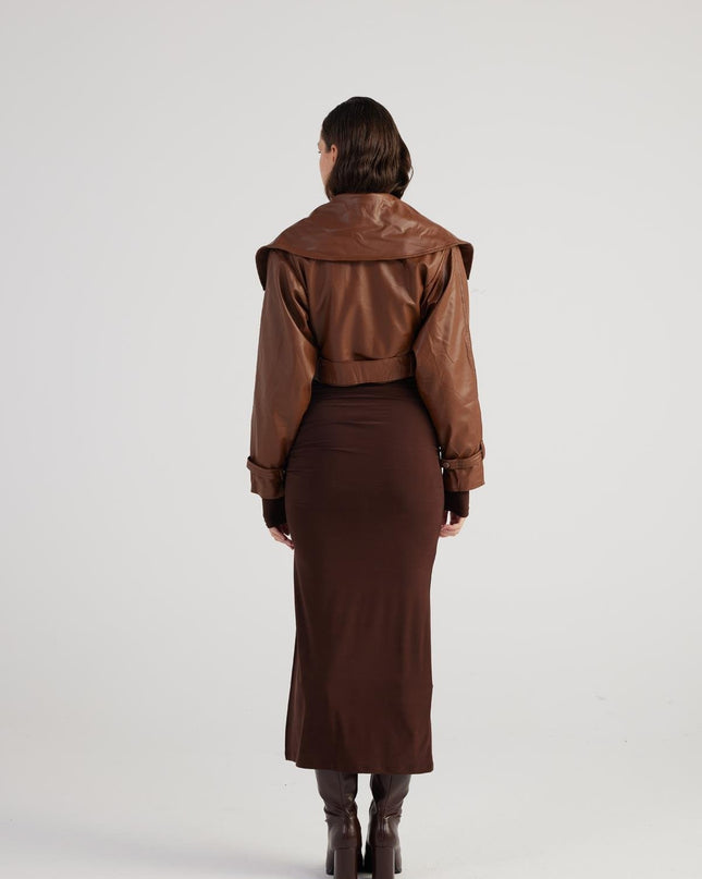 Neeko Chocolate Faux Leather Cropped Jacket-4