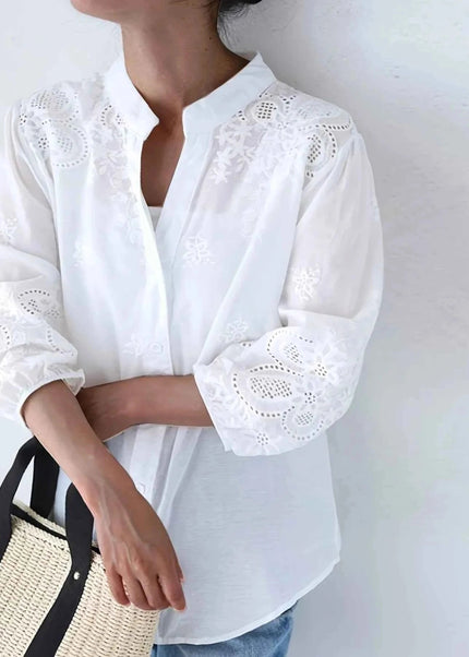 Embroidered Eyelet Button Up Shirt - Trendsi