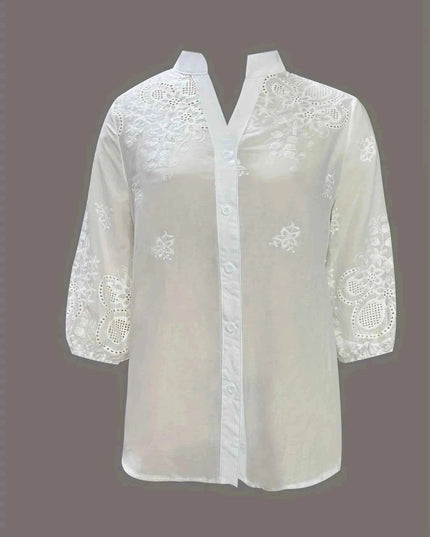 Embroidered Eyelet Button Up Shirt - Trendsi