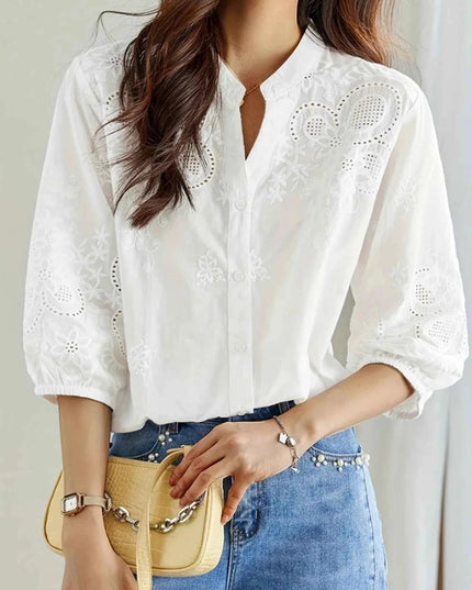 Embroidered Eyelet Button Up Shirt - Trendsi