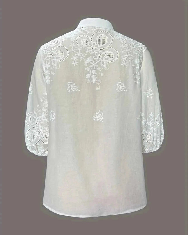 Embroidered Eyelet Button Up Shirt - Trendsi