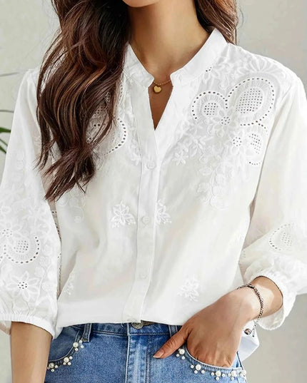Embroidered Eyelet Button Up Shirt - Trendsi