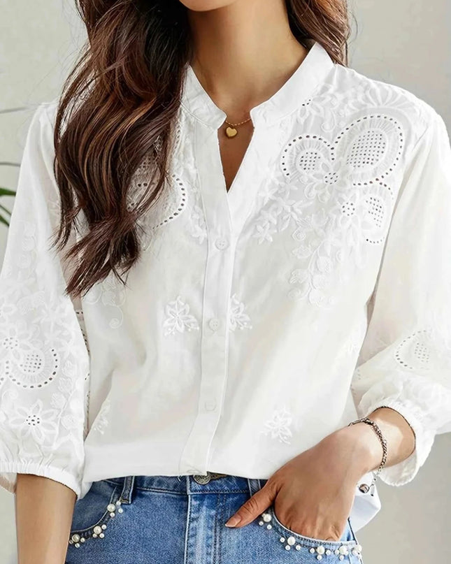 Embroidered Eyelet Button Up Shirt - Trendsi