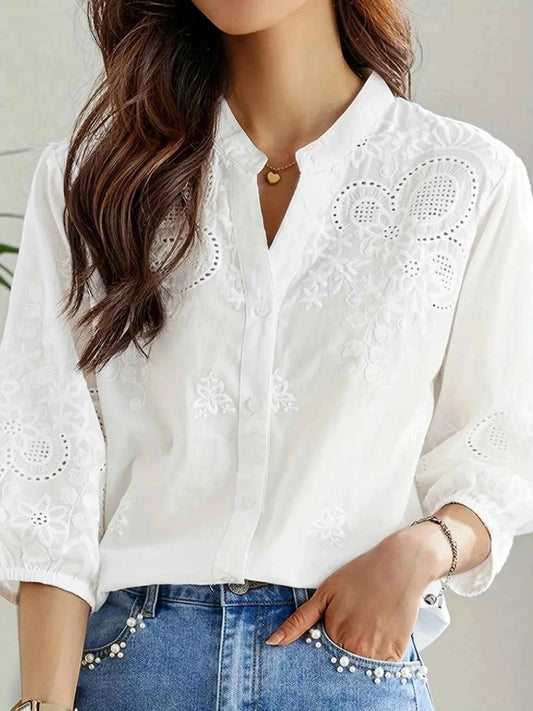 Embroidered Eyelet Button Up Shirt - Trendsi