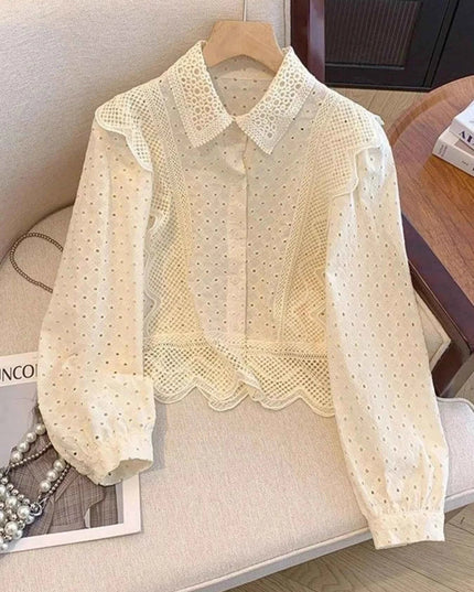 Eyelet Button - Up Shirt with Scalloped Hem for Effortless Style - Trendsi