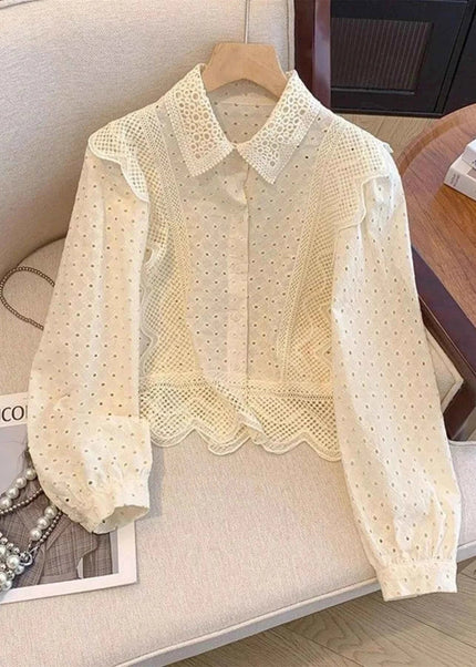 Eyelet Button - Up Shirt with Scalloped Hem for Effortless Style - Trendsi