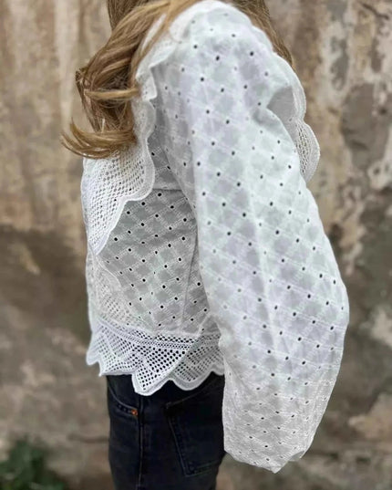 Eyelet Button - Up Shirt with Scalloped Hem for Effortless Style - Trendsi