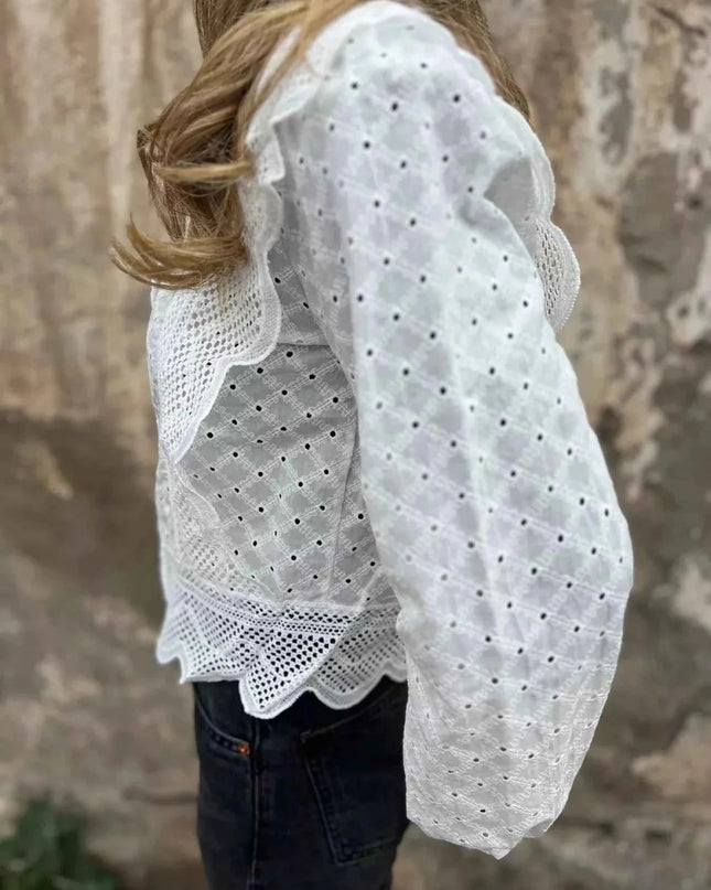 Eyelet Button - Up Shirt with Scalloped Hem for Effortless Style - Trendsi