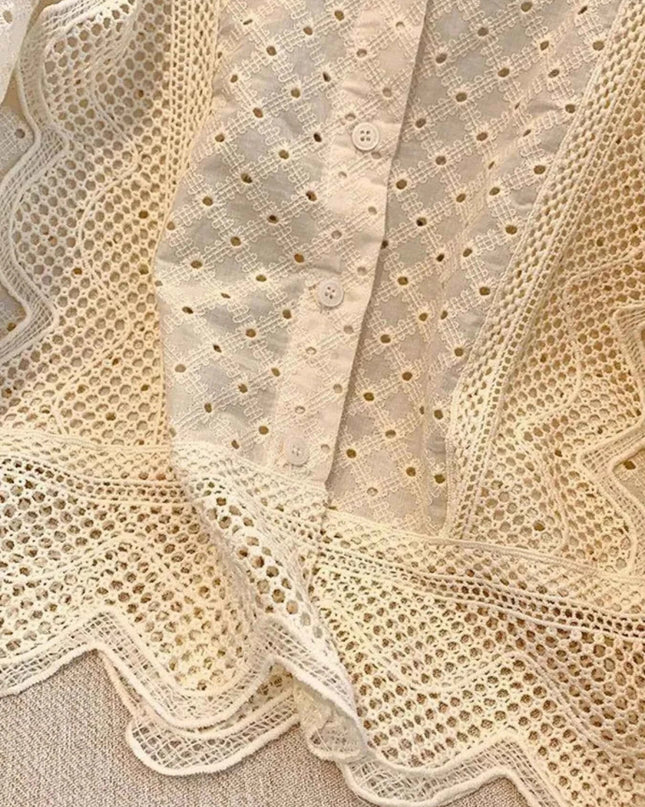 Eyelet Button - Up Shirt with Scalloped Hem for Effortless Style - Trendsi
