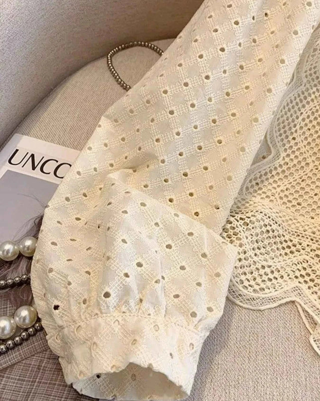 Eyelet Button - Up Shirt with Scalloped Hem for Effortless Style - Trendsi