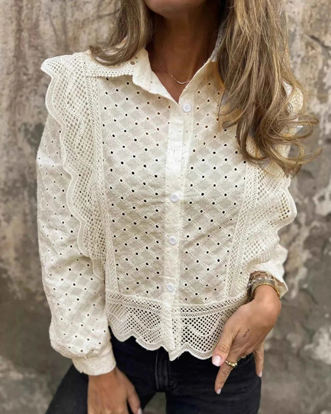 Eyelet Button - Up Shirt with Scalloped Hem for Effortless Style - Trendsi