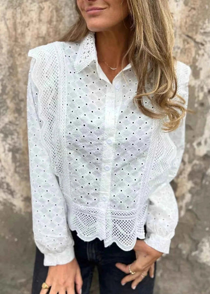 Eyelet Button - Up Shirt with Scalloped Hem for Effortless Style - Trendsi