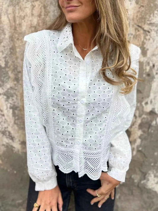 Eyelet Button - Up Shirt with Scalloped Hem for Effortless Style - Trendsi