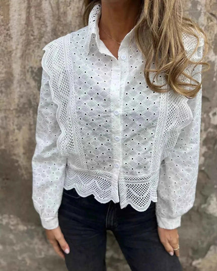 Eyelet Button - Up Shirt with Scalloped Hem for Effortless Style - Trendsi