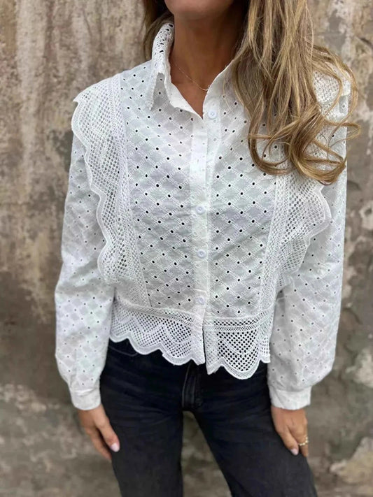 Eyelet Button - Up Shirt with Scalloped Hem for Effortless Style - Trendsi