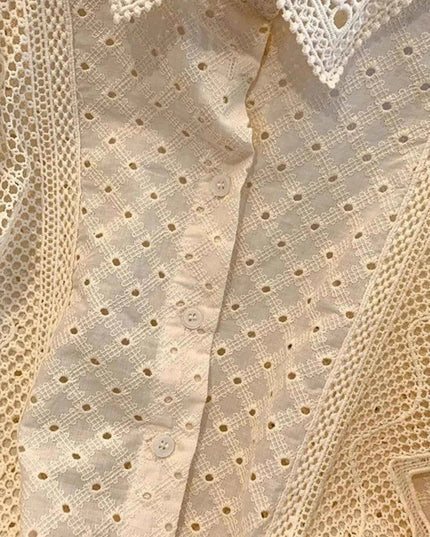 Eyelet Button - Up Shirt with Scalloped Hem for Effortless Style - Trendsi