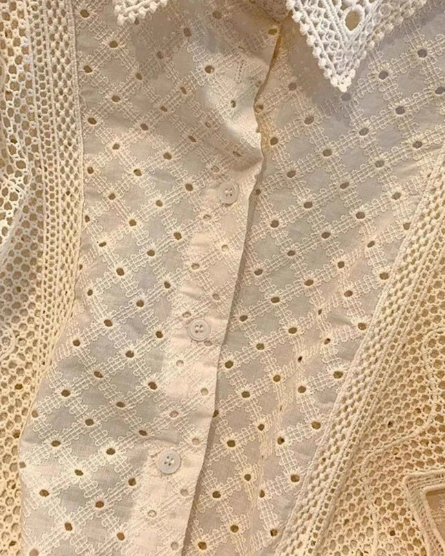 Eyelet Button - Up Shirt with Scalloped Hem for Effortless Style - Trendsi