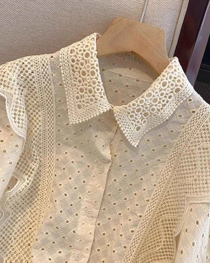 Eyelet Button - Up Shirt with Scalloped Hem for Effortless Style - Trendsi