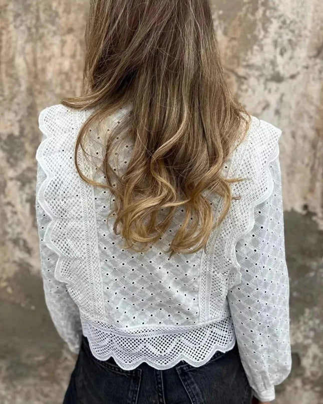 Eyelet Button - Up Shirt with Scalloped Hem for Effortless Style - Trendsi
