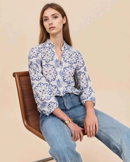 Eyelet Embroidered Long Sleeve Shirt - Trendsi