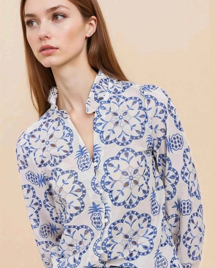 Eyelet Embroidered Long Sleeve Shirt - Trendsi