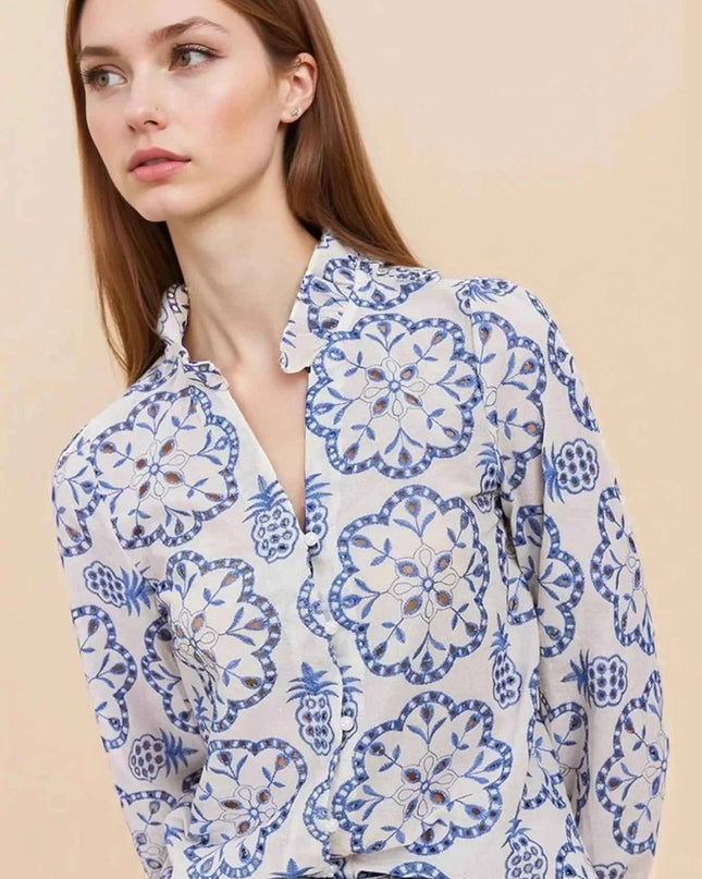 Eyelet Embroidered Long Sleeve Shirt - Trendsi