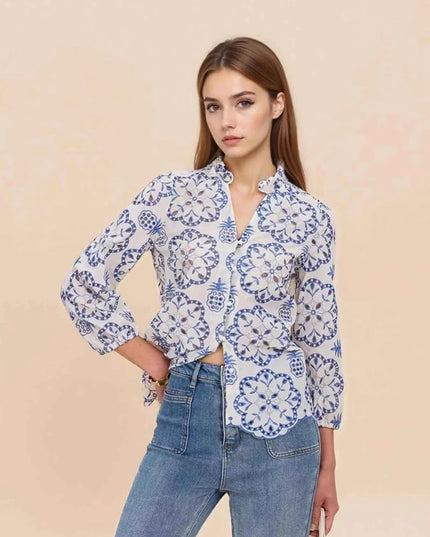 Eyelet Embroidered Long Sleeve Shirt - Trendsi