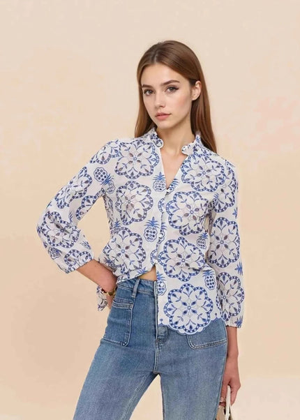 Eyelet Embroidered Long Sleeve Shirt - Trendsi
