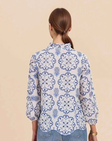 Eyelet Embroidered Long Sleeve Shirt - Trendsi