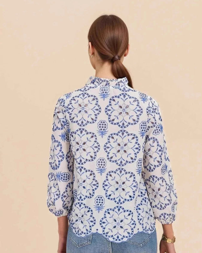 Eyelet Embroidered Long Sleeve Shirt - Trendsi