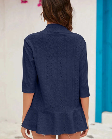 Eyelet Open Front Cardigan - Trendsi