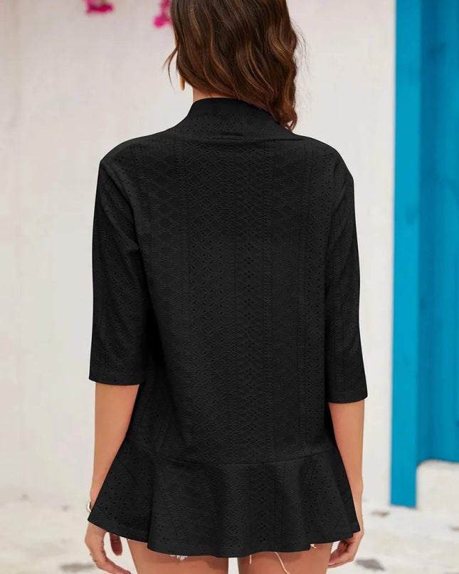 Eyelet Open Front Cardigan - Trendsi