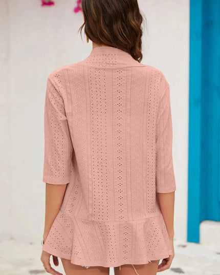 Eyelet Open Front Cardigan - Trendsi
