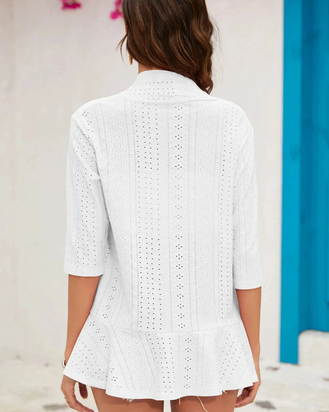 Eyelet Open Front Cardigan - Trendsi