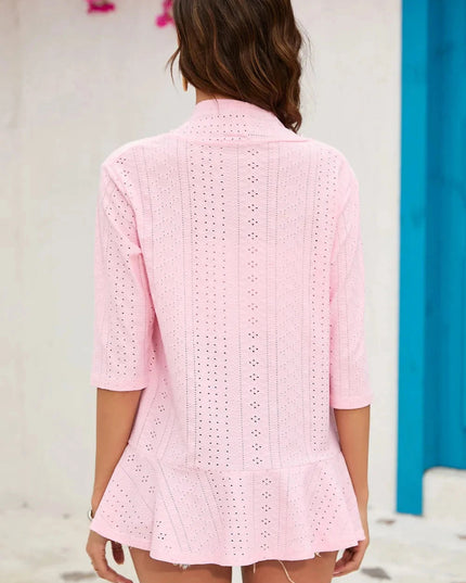 Eyelet Open Front Cardigan - Trendsi