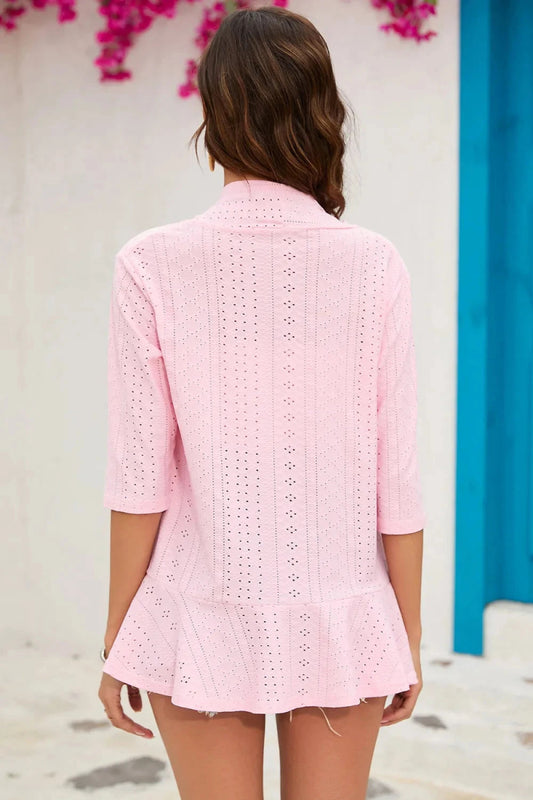 Eyelet Open Front Cardigan - Trendsi