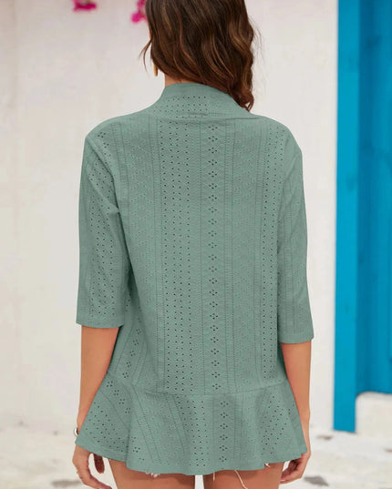 Eyelet Open Front Cardigan - Trendsi