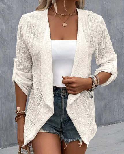 Eyelet Roll - Tab Sleeve Cardigan - Trendsi