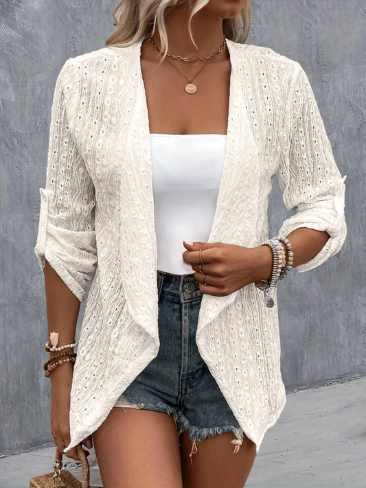 Eyelet Roll - Tab Sleeve Cardigan - Trendsi