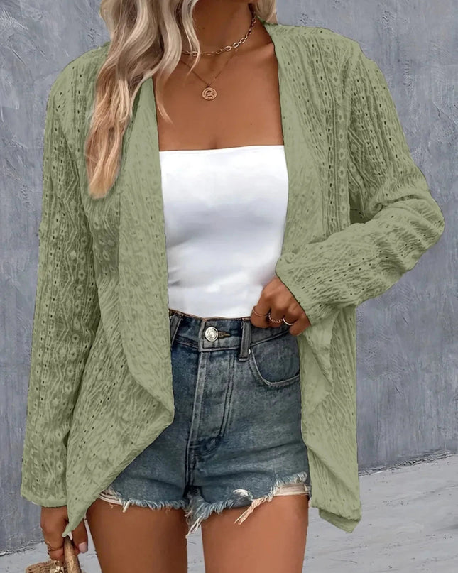 Eyelet Roll - Tab Sleeve Cardigan - Trendsi