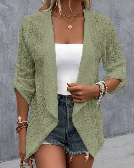 Eyelet Roll - Tab Sleeve Cardigan - Trendsi