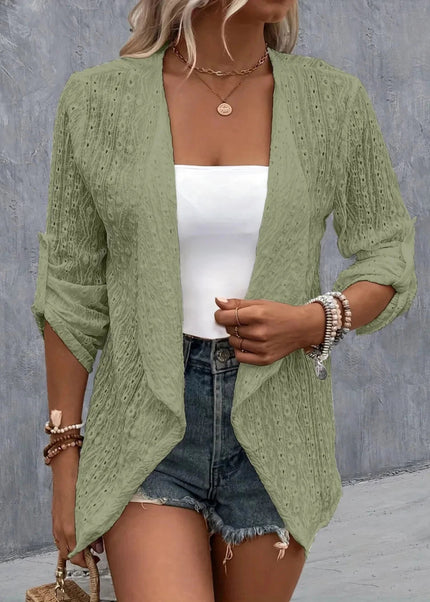 Eyelet Roll - Tab Sleeve Cardigan - Trendsi