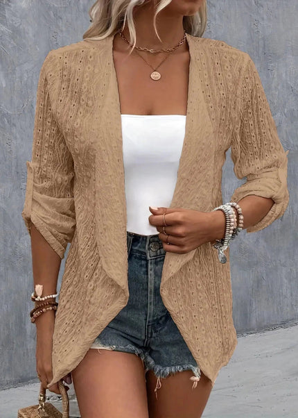 Eyelet Roll - Tab Sleeve Cardigan - Trendsi