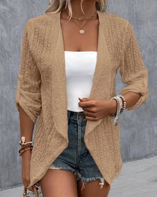 Eyelet Roll - Tab Sleeve Cardigan - Trendsi