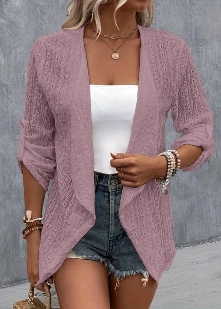 Eyelet Roll - Tab Sleeve Cardigan - Trendsi