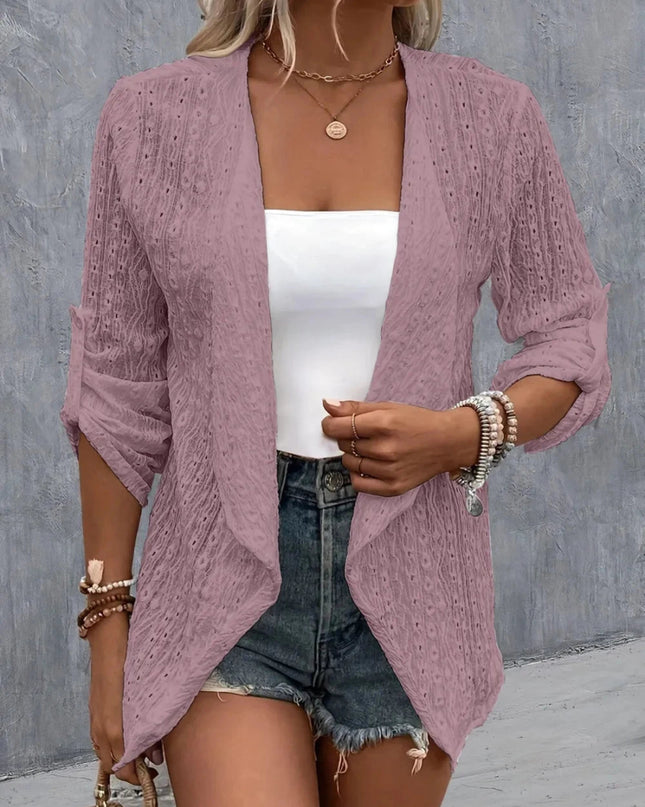 Eyelet Roll - Tab Sleeve Cardigan - Trendsi