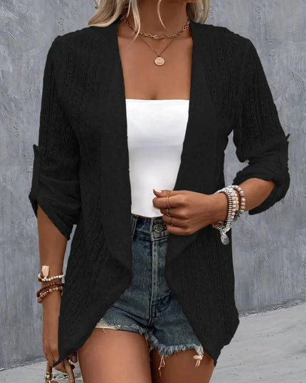 Eyelet Roll - Tab Sleeve Cardigan - Trendsi